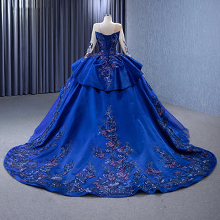 Blooms of Elegance: Blue Floral Print O-Neck Ball Gown with Sequins and Chapel Train Evening Dress