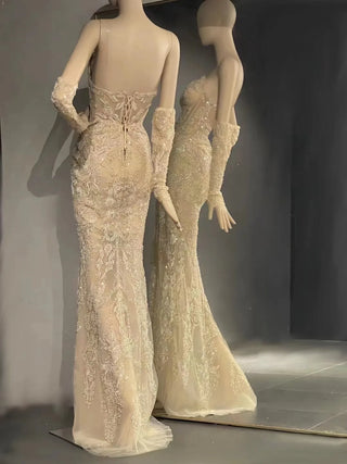 QUEENS DUBAI: Champagne Cascade - Costume Dress with Spaghetti Straps, Mermaid V Neck, Floor-Length Hem, and Detachable Sleeve for a Captivating Fashion Show Ensemble