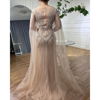 Arabic Nude Mermaid Evening Dress 2024 with Cape Sleeves, Elegant Beaded Luxury - Ideal for Women's Wedding Party