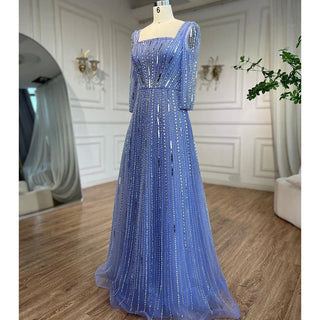 Lilac A-Line Muslim Evening Dress 2024: Square Collar, Beaded Luxury, Dubai-inspired - Ideal for Women's Wedding Party