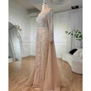 Nude Mermaid Evening Dress 2024 with Overskirt, Beaded Detailing, and High Split - Ideal for Women's Wedding Parties