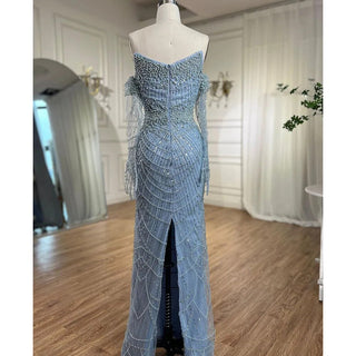 2024 Arabic-Inspired Blue Strapless Mermaid Gown: Beaded Detailing for Women's Formal Evening Events