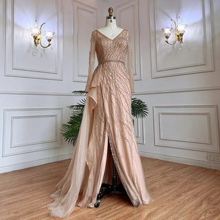 2024 Nude Mermaid Evening Gown: Sexy High Split, Beaded Detail, and Accompanying Skirt for Women's Wedding Celebrations