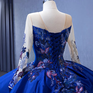 Blooms of Elegance: Blue Floral Print O-Neck Ball Gown with Sequins and Chapel Train Evening Dress