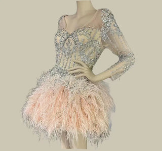 QUEENS DUBAI: Pink Feathered Elegance - V-Neck Costume Dress with Sheer Long Sleeves