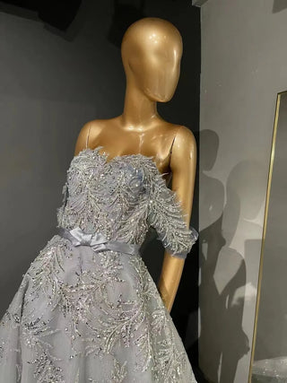 QUEENS DUBAI: A-Line Elegance - Off-Shoulder Costume Dress with Beaded Lace for a Fashion Show Extravaganza