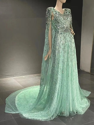 QUEENS DUBAI: Mint Marvel - A-Line V Neck Bead Rhinestone Stage Costume Dress with Cape Fashion Show Dress