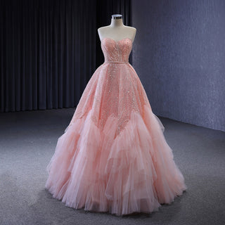 Enchanted Blush: Romantic Pink Ball Gown with Sweetheart Neckline, Beading, and Sequins