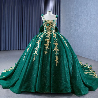 Enchanted Elegance: Glitter Green Floral Ball Gown for Formal Events and Bridal Occasions