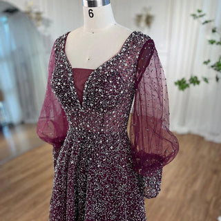 Purple Muslim Mermaid Evening Dress 2024 with Elegant Puff Sleeves, Luxury Beaded Detailing - Ideal for Women's Wedding Party