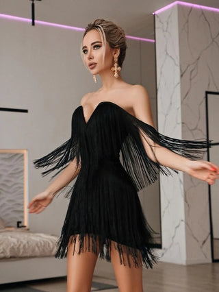 Ships in 1 to 3 Days – Luxurious Tassel Temptation: 2024 Summer Black Tassel Bandage Dress - Quality Fringed Bodycon XL for Party Club Evening Luxury