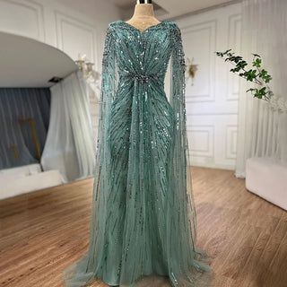 Arabic Turquoise Mermaid Evening Dress 2024 with Beaded Cape Sleeves, Elegant Luxury - Ideal for Women's Wedding Party