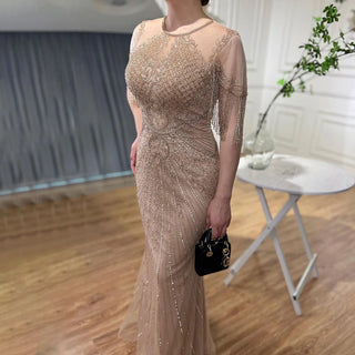 Ships in 1 to 3 Days - Caramel Cascade: Cap Sleeves Tassel Mermaid Gown with Beading – Mother of the Bride 2024 Wedding Party Elegance