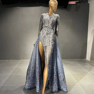 QUEENS DUBAI: Siren's Allure - Mermaid Costume Dress with Sexy Slit, Long Sleeves, and Detachable Train for Luxury Fashion Show Evening