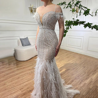 White Swan Opulence: Sexy Beaded Mermaid Evening Dress with Luxury Feathers - 2024