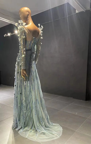 QUEENS DUBAI: Radiant Elegance - Long Sleeve Blue Beaded Costume Dress for Special Designs and Evening Glamour