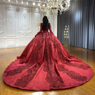 Radiant Glamour: Long Sleeve Sparkly Red Sequin Ball Gown Evening Party Dress for Women