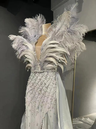 QUEENS DUBAI: Stage Dress Costume Dress with Ostrich Feather Lace - Luxury Evening Elegance