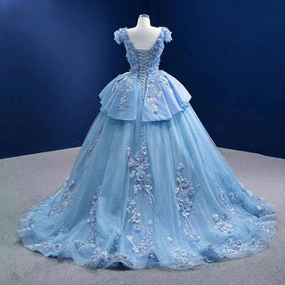 Floral Fantasy: Elegant Blue 3D Flower Plus Size Ball Gown Evening Dress