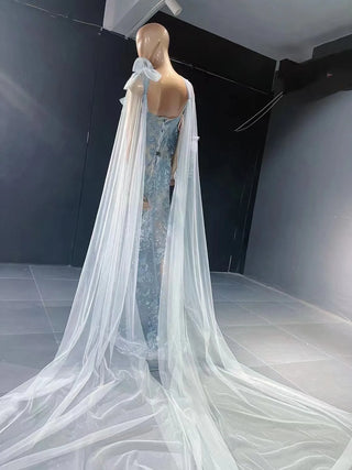 QUEENS DUBAI: Sky Blossom - Baby Blue Costume Dress with Big Flower Pearls, Beaded Slit, and Shawl for a Mesmerizing Fashion Show and Evening Ensemble