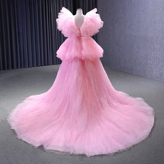 Pretty in Pink: High-Low V-Neck Ball Gown for Stylish Women's Evening Affairs