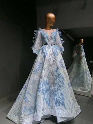 QUEENS DUBAI: A-Line Blue V-Neck Lantern Sleeve Costume Dress - Luxury Fashion Show Evening Elegance