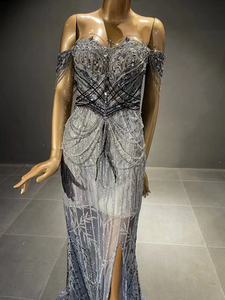 QUEENS DUBAI: Gorgeous Heavy Beaded Slit Sexy Off-Shoulder Costume Dress - Fashion Show Party Evening Elegance