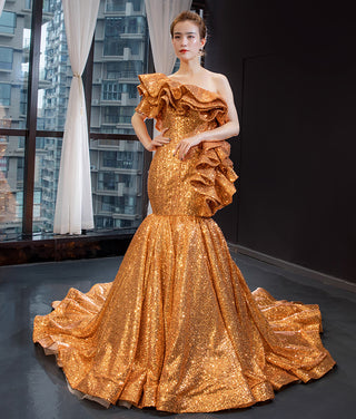 Golden Elegance: Unique One-Shoulder Fish Cut Long Evening Party Dress