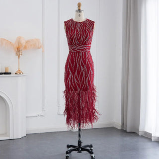 Modern Elegance: Lace, Feathers, and Beading Sleeveless Tank Tea-Length Evening Party Dress