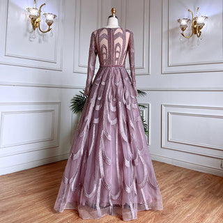 Pink Beaded Muslim Evening Dress 2024 with Luxury A-Line, Puff Sleeve - Ideal for Women's Party