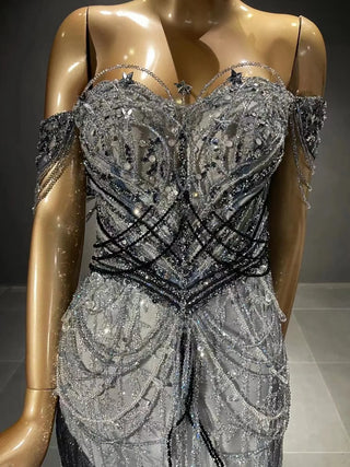 QUEENS DUBAI: Gorgeous Heavy Beaded Slit Sexy Off-Shoulder Costume Dress - Fashion Show Party Evening Elegance