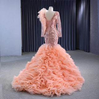 Pink Enchantment: Ruffle Long Sleeve Sequins Mermaid Evening Party Gown