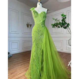 Arabic Lemon One Shoulder Mermaid Sexy High Split Beaded Evening Dresses Gowns 2024 For Women Wedding Party