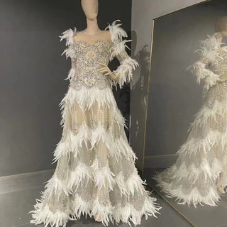 QUEENS DUBAI: Stage Dress with Rhinestone Long Sleeve - Ostrich Feather Costume Elegance for Evening Glamour