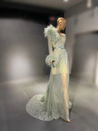 QUEENS DUBAI: Mint Green Costume Dress - Long Sleeve Ostrich Feather - Luxury Fashion Show Cocktail & Evening Dress