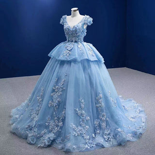 Floral Fantasy: Elegant Blue 3D Flower Plus Size Ball Gown Evening Dress