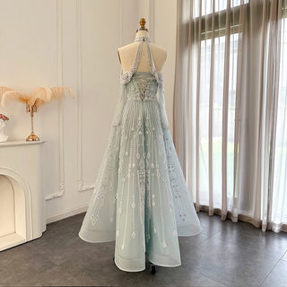 Light Blue Elegance: Luxury Evening Ball Gown with Off-Shoulder Design and Beaded Detail - Perfect for Formal Occasions