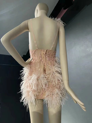 QUEENS DUBAI: Pink Beaded Elegance - Short Skirt Costume Dress with Ostrich Feather for a Sexy V-Neck Evening Affair