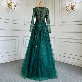 Emerald Elegance: 2024 A-Line Evening Gown with V-Neck, Long Sleeves, and Luxury Beading