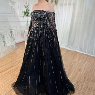 Black A-Line Strapless Evening Dresses 2024 - Cape Sleeves with Luxury Crystal Beading for Women's Party