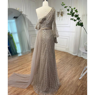 Mermaid Caramel One Shoulder Overskirt Beaded Luxury Evening Dress: Elegant Gown for Women's Wedding Party 2024