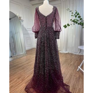 Purple Muslim Mermaid Evening Dress 2024 with Elegant Puff Sleeves, Luxury Beaded Detailing - Ideal for Women's Wedding Party