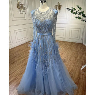 2024 Arabic Blue A-Line Evening Gown: Luxurious Beading and Feathers - Dubai-Inspired Elegance for Women's Wedding Party