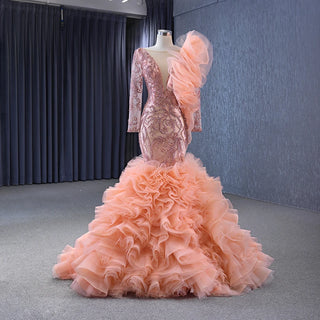 Pink Enchantment: Ruffle Long Sleeve Sequins Mermaid Evening Party Gown