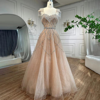 2024 Arabic Nude A-Line Evening Gown: Sweetheart Neckline, Beaded Tassel Detail, and Lace-Up Back for Women's Wedding Party Elegance