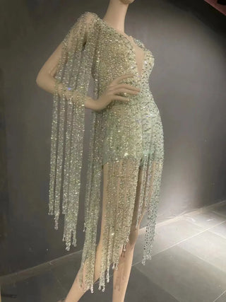 QUEENS DUBAI: Dazzling Temptation - Mini Dress with Beaded Tassel, Deep V Neck Costume Elegance for the Runway