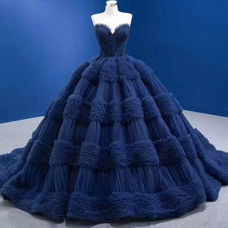 Midnight Elegance: Navy Ruffle Sweetheart Ball Gown for Evening Proms