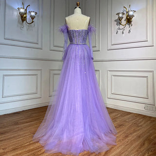 Lilac Mermaid Strapless Overskirt Feather Beaded Evening Dress With Gloves: Gowns 2024 For Women Party