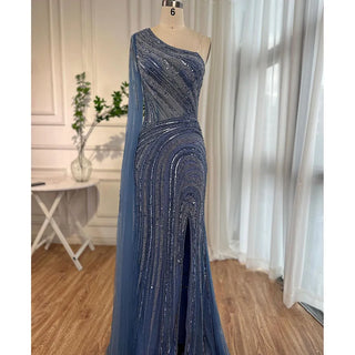 Arabic Blue Mermaid Sexy High Split Cape Sleeve Beaded Evening Dresses Gowns 2024 - For Women Wedding Party