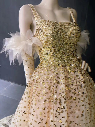 QUEENS DUBAI: Gilded Glamour - Gold A-Line Sequins Square Neckline Costume Dress for a Luxurious Fashion Show Evening